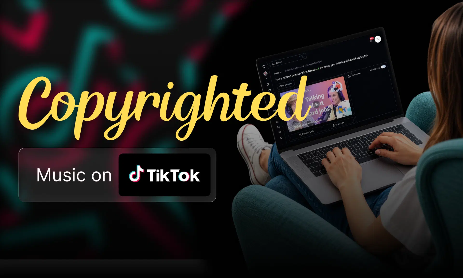 VFX AI video editing workspace alongside text about copyrighted music on TikTok