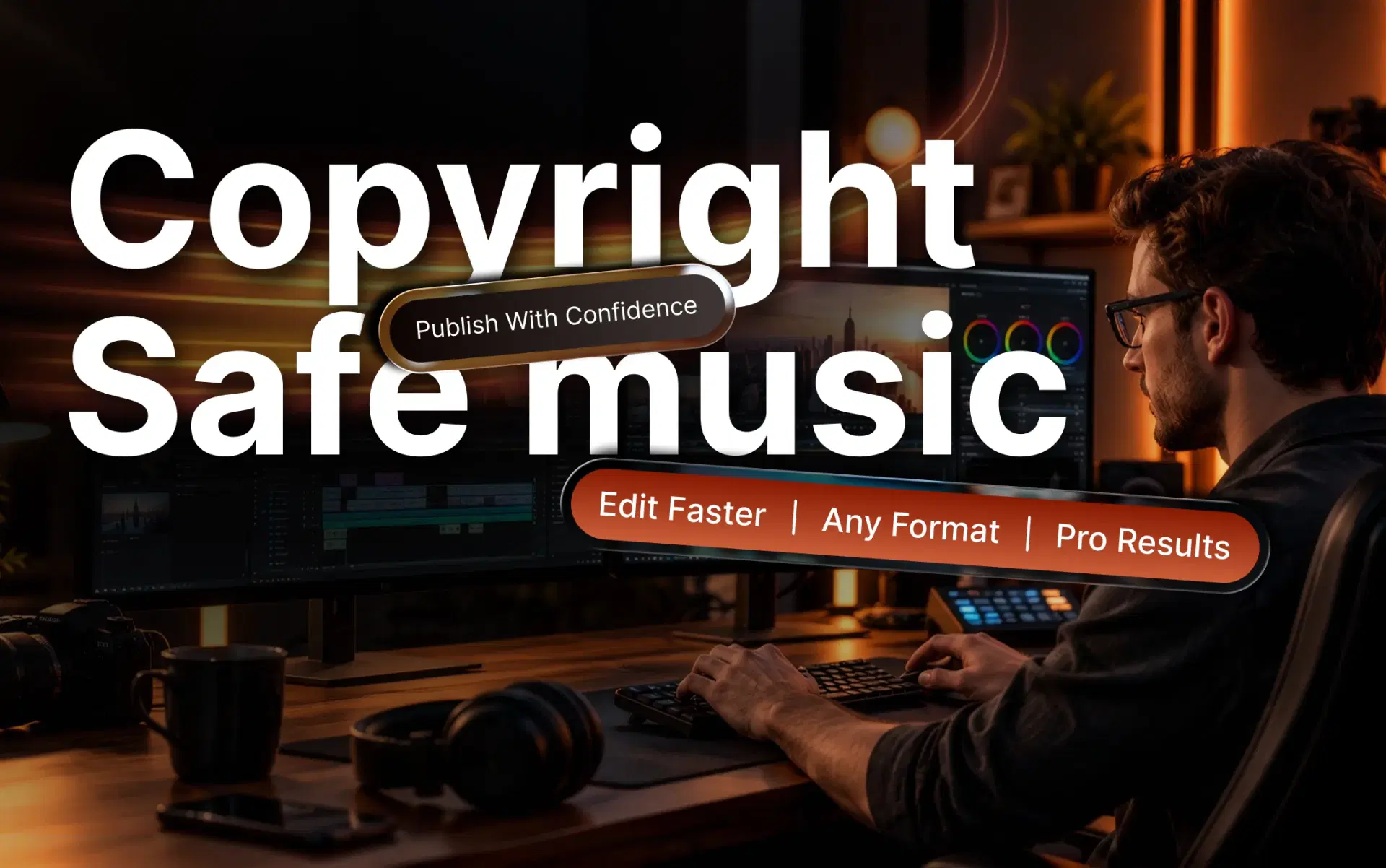 Video editor at a multi-monitor desk choosing copyright-safe music for a video edit