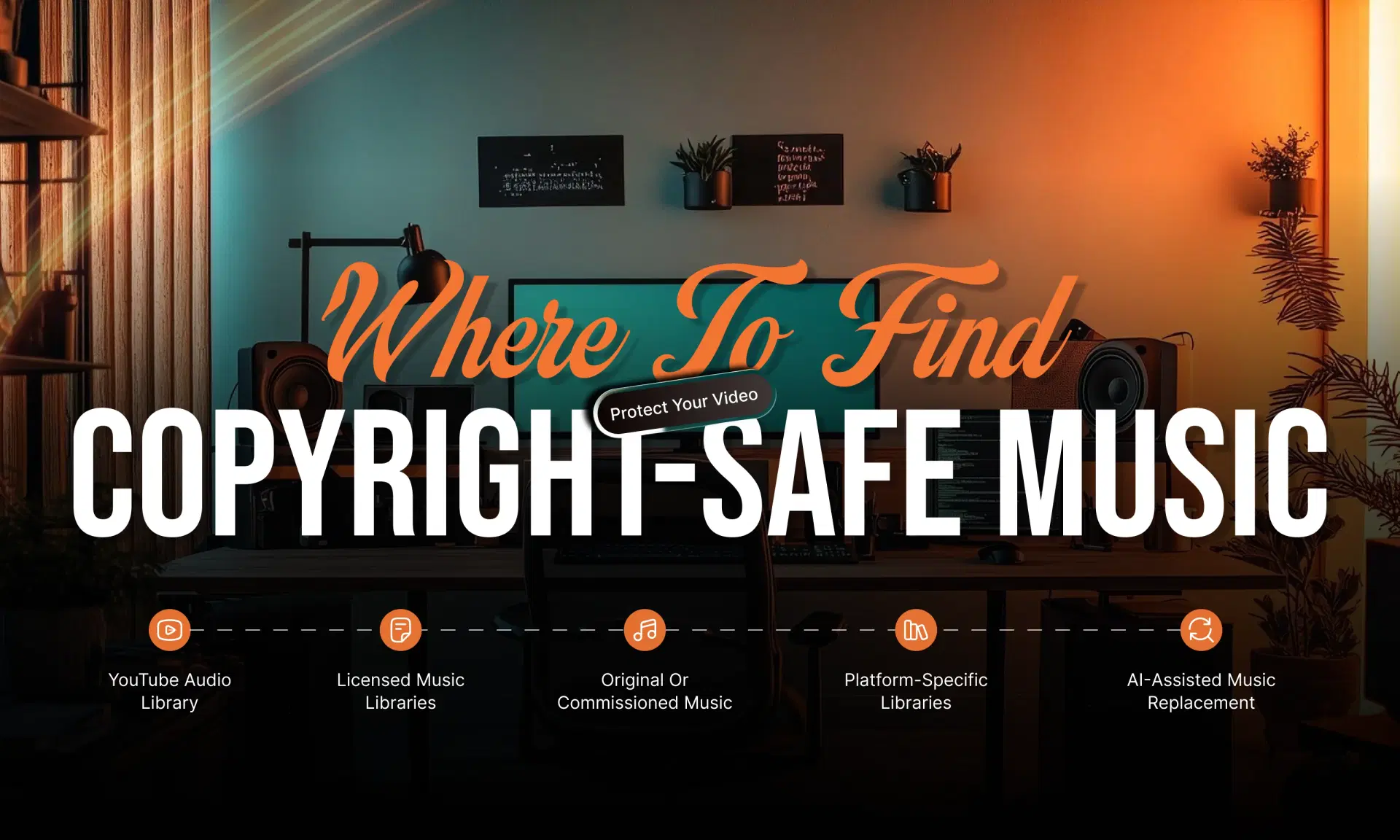 Where to find copyright-safe music: YouTube Audio Library, licensed music libraries, original or commissioned music, platform-specific libraries, and AI-assisted music replacement