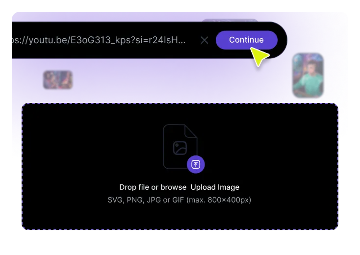 Upload interface showing video upload and link input